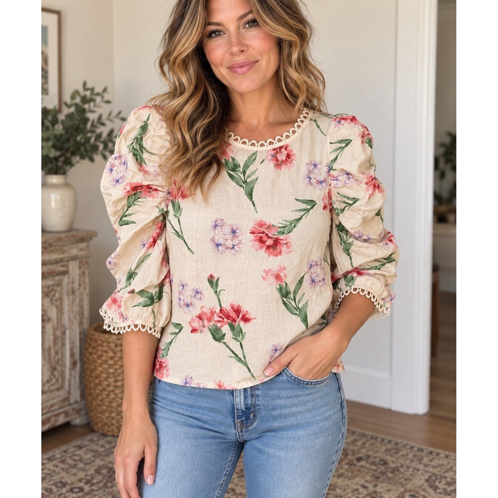 Laura Ashley Linen Blend Floral Puff Sleeve Blouse Lace Cottage Core Feminine Sm